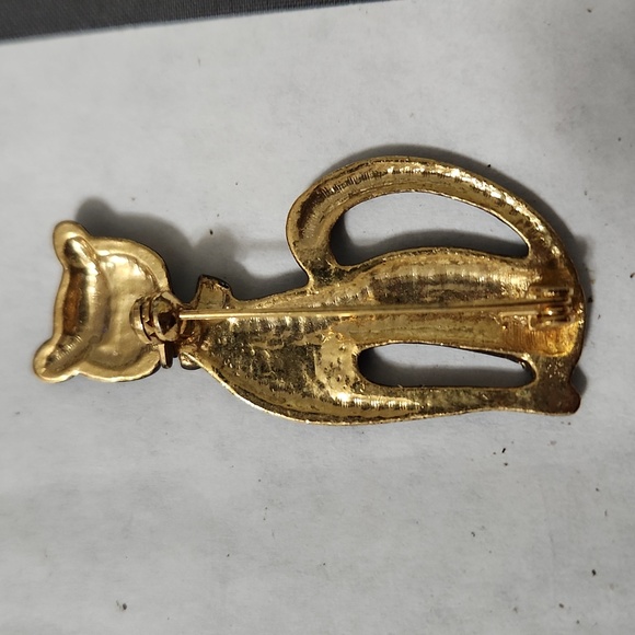 Vintage Black matte Cat Kitty with gold bow collar, sparkly eyes! 2 in brooch - Picture 4 of 7